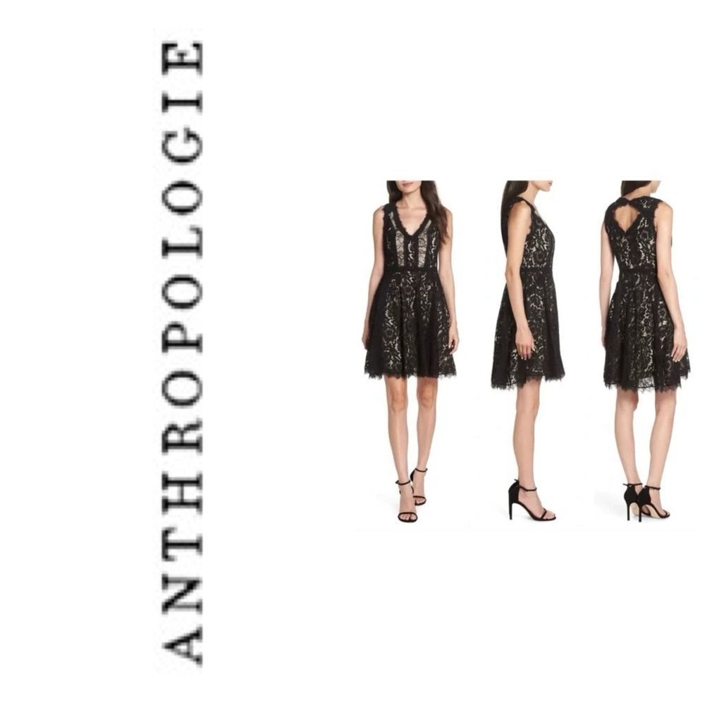 ANTHROPOLOGIE HEARTLOOM Wom Med Lace Fit & Flare Mini Dress V Neck Black goth